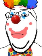 blank_face bowtie closed_mouth clown frowning glasses hair makeup neutral rainbow soyjak stubble variant:wholesome_soyjak // 600x800 // 133.3KB