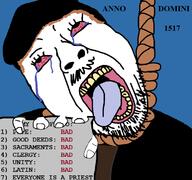 bloodshot_eyes christianity clothes crying dead hair hand hat history holding_object martin_luther mustache open_mouth protestant rope stubble suicide text tongue variant:bernd yellow_teeth // 766x719 // 69.4KB