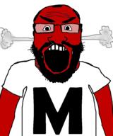angry arm beard clothes fume glasses letter m open_mouth red science soyjak subvariant:science_lover tshirt uppercase variant:markiplier_soyjak // 800x961 // 148.3KB