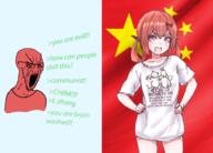 angry anime bloodshot_eyes china clothes communism crying distorted flag gabriel_dropout glasses greentext large_eyebrows open_mouth ornament redface satania soyjak star stretched_mouth stubble text variant:classic_soyjak // 1381x996 // 953.4KB
