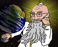 arm beard closed_mouth clothes drawn_background earth glasses god grey_hair hand moon mustache smug soyjak space thick_eyebrows variant:soyak // 452x363 // 66.7KB