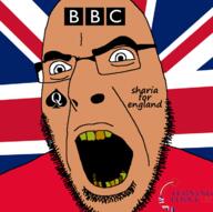 angry bbc british_broadcasting_corporation brown_skin clothes country flag glasses islam open_mouth queen_of_spades soyjak stubble tattoo text united_kingdom variant:cobson yellow_teeth // 722x720 // 81.5KB