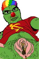 angry anus closed_mouth clothes clown communism frog glasses green_skin hair hairy neovagina pepe poop soyjak subvariant:chudjak_front tattoo tranny tshirt variant:chudjak // 680x1020 // 116.0KB