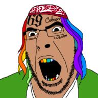 6ix9ine angry brown_skin clothes colorful_hair crimson glasses hair hat headband music open_mouth rap soyjak stubble tattoo variant:cobson // 850x850 // 79.5KB