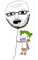 4chan anime balloon clothes glasses green_hair hair open_mouth shoe shorts soyjak stubble variant:unknown yotsoyba // 1920x3024 // 426.1KB