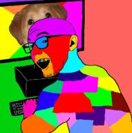 colorful computer dog glasses open_mouth smile soyjak stubble variant:zoomer_on_computer // 696x701 // 121.8KB