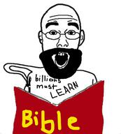 beard book christianity ear glasses holding_object love millions_must_die open_mouth pen text variant:shirtjak wholesome // 661x734 // 150.3KB