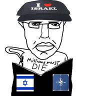 arm book cap clothes flag glasses hand hat holding_object i_love israel nato pen soyjak subvariant:chudjak_front variant:chudjak // 547x605 // 179.4KB
