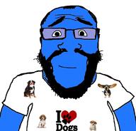 animal arm balding beard blue_skin calm closed_mouth clothes dog glasses hair heart i_love smile soyjak subvariant:science_lover tshirt variant:markiplier_soyjak // 818x782 // 125.9KB