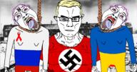 3soyjaks aids blond blood blue_eyes buff clothes concentration_camp ear glasses hair hanging irl_background muscles neovagina noose purple_hair rope russia soyjak subvariant:chudjak_front swastika tshirt ukraine variant:chudjak variant:gapejak vein yellow_hair // 1743x929 // 805.0KB