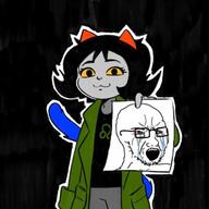 :3 alien animal animal_ears bloodshot_eyes cat cat_ear closed_mouth clothes crying glasses grey_skin holding_object homestuck horn jacket leo nepeta_leijon open_mouth soyjak stubble tail troll_(homestuck) variant:soyak yellow_sclera // 640x640 // 78.8KB