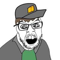 angry brown_hair clothes crazed glasses hair hat open_mouth question_mark_block soyjak streamer stubble v_(4chan) variant:feraljak vinesauce vinny // 1500x1500 // 23.5KB