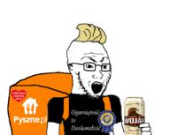 backpack beer can clothes ear employee_of_the_month glasses hair holding_object open_mouth polish_text ribbon soyjak stubble text tshirt variant:soyak wojak_(beer) yellow_hair // 851x680 // 158.0KB