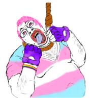 arm bloodshot_eyes buff clothes crying fat glasses glove hair hairy hand hanging lgbt lipstick noose open_mouth pink_hair rope soyjak stubble suicide tongue tranny tshirt variant:gapejak_front yellow_teeth // 950x1019 // 508.2KB