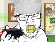animated chef clenched_teeth clothes coal generous gif giving glasses hand hat mustache soyjak stubble variant:feraljak yellow_teeth // 255x197 // 100.1KB