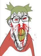 4chan anime blood bloodshot_eyes ear glasses green_hair hair mustache open_mouth soyjak stubble variant:feraljak vein yotsoyba // 892x1197 // 523.3KB