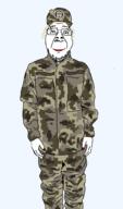 arm camouflage cap closed_mouth clothes glasses hand hat military mustache painted_nails smile soyjak stubble tranny ukraine uniform variant:bernd yellow_hair // 606x1033 // 38.0KB