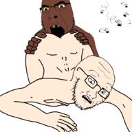 2soyjaks angry arm black_skin gay glasses hand holding_object nsfw open_mouth prostration scared sex soyjak stubble variant:classic_soyjak variant:cobson white_skin // 1000x1000 // 132.0KB