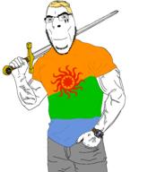 aryan bajookieland blond blue_eyes closed_mouth clothes colorful colorful_hair flag glasses hair holding_object holding_sword muscles muscular_male nazism schutzstaffel smile soyjak standing stubble swastika sword tony_zaret tshirt variant:cobson vein weapon // 1834x1910 // 419.0KB