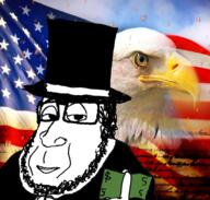 bald_eagle beard capitalism closed_mouth clothes dollar dollar_sign eagle glasses hair hand hat holding_object money smile soyjak top_hat united_states variant:smugjak // 936x890 // 838.7KB