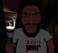 angry arm balding beard closed_mouth clothes doom doom_3 flashlight glasses hair hand holding_object i_hate punisher_face red_skin soyjak subvariant:science_lover tshirt variant:markiplier_soyjak video_game // 1017x935 // 531.5KB