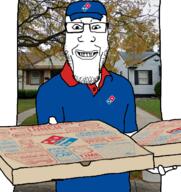 arm closed_mouth clothes dominos_pizza glasses grin hand hat holding_object irl_background pizza soyjak stubble text variant:markiplier_soyjak // 628x666 // 546.6KB