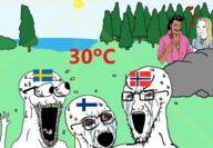 3soyjaks arm bloodshot_eyes brown_skin country crying distorted drawn_background europe eyes_popping finland flag glasses hand hands_up heat open_mouth scandinavian soyjak stubble sweating sweden tongue tyrone variant:classic_soyjak variant:waow yellow_teeth // 971x672 // 709.0KB