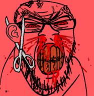 angry blood clenched_teeth ear ear_removal glasses mustache red scissors soyjak stubble variant:feraljak yellow_teeth // 894x919 // 734.3KB