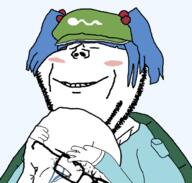2soyjaks anime arm blue_hair blush closed_eyes clothes crying glasses hand hat hugging kawashiro_nitori smile soyjak stubble touhou variant:impish_soyak_ears variant:soyak video_game // 665x634 // 175.8KB