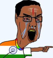 angry arm bindi bloodshot_eyes brown_skin clothes crying glasses hair hand india indian lgbt open_mouth pointing soyjak tshirt variant:chudjak yellow_teeth // 680x744 // 126.9KB