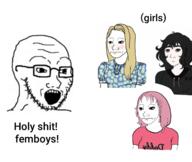 arm blush closed_mouth clothes concerned doomer dress female femboy femjak glasses meme open_mouth pink_hair soyjak soyjak_comic stubble text tired trad_wife variant:classic_soyjak wojak yellow_hair // 1439x1211 // 981.8KB