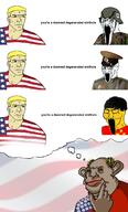 amerimutt asian bloodshot_eyes chad china closed_eyes clothes comic communism country crying flag glasses hair hammer_and_sickle hat helmet judaism military nazism open_mouth politics schutzstaffel screaming small_eyes soyjak star stretched_mouth stubble texas text thought_bubble united_states variant:classic_soyjak yellow yellow_skin // 773x1280 // 116.5KB
