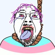 animated bloodshot_eyes clothes crying flag glasses hair hanging moving mustache open_mouth purple_hair redraw rope soyjak spinning stubble suicide tongue tranny variant:bernd yellow_teeth // 255x255 // 228.2KB