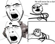 2soyjaks angry bbc cereal cereal_guy glasses meme negro nsfw open_mouth queen_of_spades sex soyjak stubble text variant:cobson // 499x398 // 117.8KB