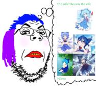 anime blue_hair cirno glasses greentext hair makeup purple_hair soyjak speech_bubble stubble text touhou tranny variant:gapejak vidya // 1100x1121 // 729.4KB