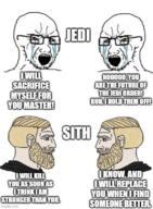 bloodshot_eyes chad crying glasses jedi mustache nordic_chad open_mouth sith soyjak soyjak_comic star_wars stubble text tv_(4chan) variant:soyak // 500x680 // 336.8KB