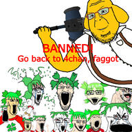 4chan anime ban bloodshot_eyes closed_mouth clothes crazed crying dog full_body glasses green_hair hair hammer hand hands_up holding_hammer holding_object janny large_eyes multiple_soyjaks mustache open_mouth smile soyjak stretched_mouth stubble subvariant:wewjak suspenders tongue variant:a24_slowburn_soyjak variant:cryboy_soyjak variant:et variant:gapejak variant:markiplier_soyjak variant:shotjak variant:snoojak variant:soyak white_skin yotsoyba // 1000x1000 // 867.0KB