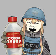 anime arm bottle clothes corn_syrup hair hand helmet holding_bottle holding_object kuz open_mouth soyjak syrup united_nations variant:kuzjak white_skin yellow_hair // 786x783 // 349.2KB