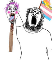 2soyjaks arm beard blood bloodshot_eyes blush clothes crying decapitation fire flag glasses hair hand hands_up holding_object makeup mustache open_mouth purple_hair rope soyjak stake stubble suicide tongue tranny tshirt variant:gapejak_front variant:ignatius // 656x748 // 210.5KB