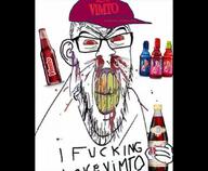 angry arabic_text blood cap clenched_teeth clothes drink ear glasses hand hat heart i_love open_mouth soda soyjak stubble text variant:feraljak vimto watermark yellow_teeth // 1080x887 // 94.9KB