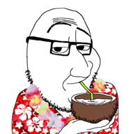 arm closed_mouth clothes coconut flower glasses hawaiian_shirt holding_object lei plant raised_eyebrow smile smug soyjak straw stubble variant:smugjak // 964x984 // 224.4KB