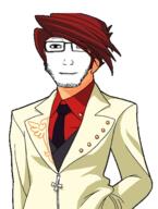 closed_mouth clothes ear glasses hair necktie red_hair smile stubble suit umineko ushiromiya_battler variant:markiplier_soyjak video_game white_skin // 387x511 // 153.9KB