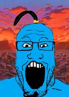 aladdin blue_skin genie glasses hair open_mouth soyjak stubble variant:markiplier_soyjak // 200x281 // 77.8KB