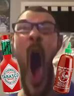 bottle closed_eyes distorted food glasses hot_sauce irl open_mouth sriracha stretched_mouth stubble tabasco variant:james_youniverse // 324x419 // 151.5KB
