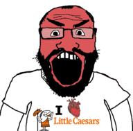arm beard clothes food glasses hair heart i_love little_caesars logo open_mouth pizza red_skin soyjak text tshirt variant:science_lover // 800x789 // 158.1KB