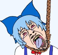 anime bloodshot_eyes blue_hair bowtie cirno clothes crying dead female glasses hair hair_ribbon hanging mustache open_mouth redraw rope soyjak stubble suicide tongue touhou tranny variant:bernd video_game white_skin yellow_teeth // 2512x2390 // 283.3KB