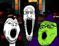 3soyjaks blood clothes dracula glasses green green_skin halloween hat irl_background large_nose open_mouth reaper soyjak soyjak_trio stretched_mouth stubble vampire variant:gapejak variant:markiplier_soyjak variant:tony_soprano_soyjak witch // 1596x1232 // 588.5KB