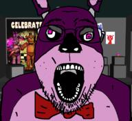 animal bonnie bowtie ear fnaf glasses open_mouth pink_eyes purple_skin rabbit snout soyjak stubble variant:bernd video_game // 823x748 // 355.4KB