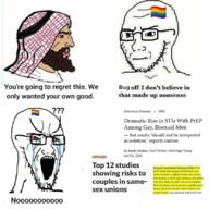 aids bloodshot_eyes closed_mouth concerned crying flag frown gay glasses islam large_eyebrows lgbt nordic_chad open_mouth soyjak stretched_mouth stubble text variant:soyak // 828x828 // 620.1KB