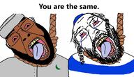 2soyjaks arab beard bloodshot_eyes brown_skin clothes crescent crying dead glasses hair hanging hat islam judaism kippah large_nose looking_at_you mustache open_mouth rope stubble suicide taqiyah text thick_eyebrows tongue variant:bernd yellow_teeth // 1176x682 // 352.2KB